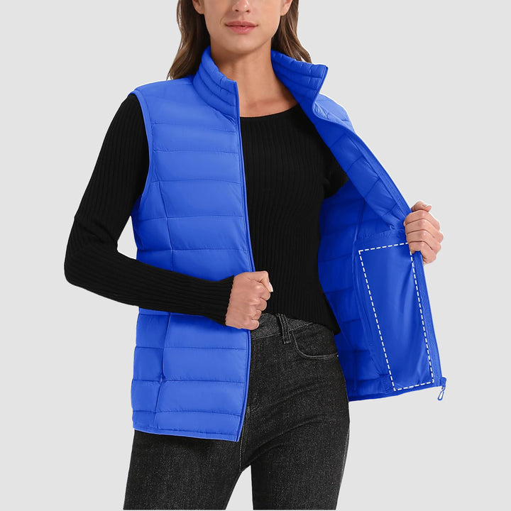 Women's Puffer Vest Lightweight Stand Collar Zip 4 Pockets Puffy Vests Sleeveless Quilted Padded Outerwear - MAGCOMSEN