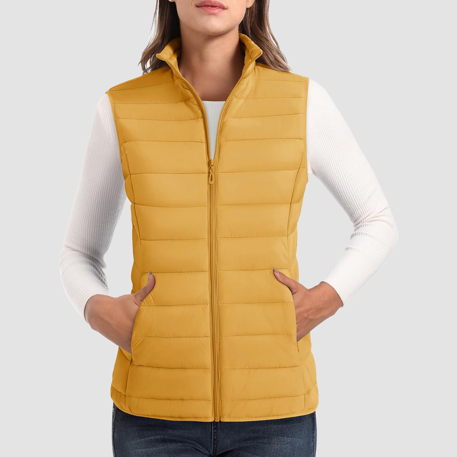 Women's Puffer Vest Lightweight Stand Collar Zip 4 Pockets Puffy Vests Sleeveless Quilted Padded Outerwear - MAGCOMSEN