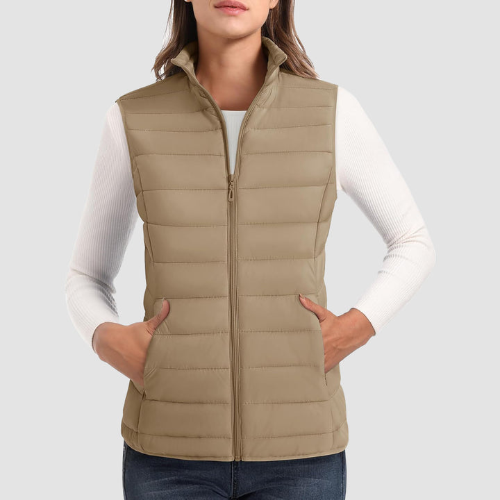 Women's Puffer Vest Lightweight Stand Collar Zip 4 Pockets Puffy Vests Sleeveless Quilted Padded Outerwear - MAGCOMSEN