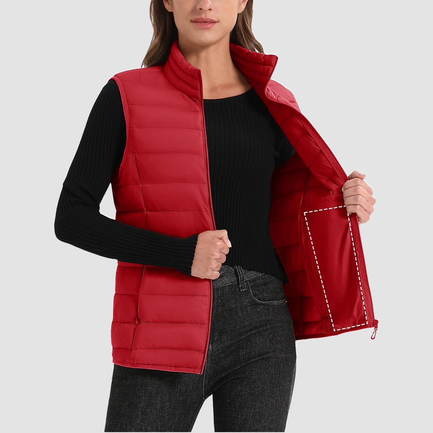 Women's Puffer Vest Lightweight Stand Collar Zip 4 Pockets Puffy Vests Sleeveless Quilted Padded Outerwear - MAGCOMSEN