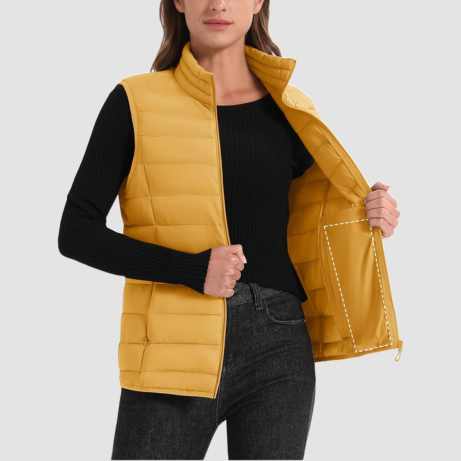 Women's Puffer Vest Lightweight Stand Collar Zip 4 Pockets Puffy Vests Sleeveless Quilted Padded Outerwear - MAGCOMSEN