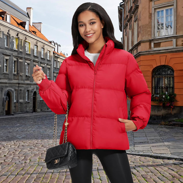 Women's Winter Down Puffer Jackets Stand Collar Zip Up Water Resistant Warm Padded Quilted Coat with Pockets - MAGCOMSEN