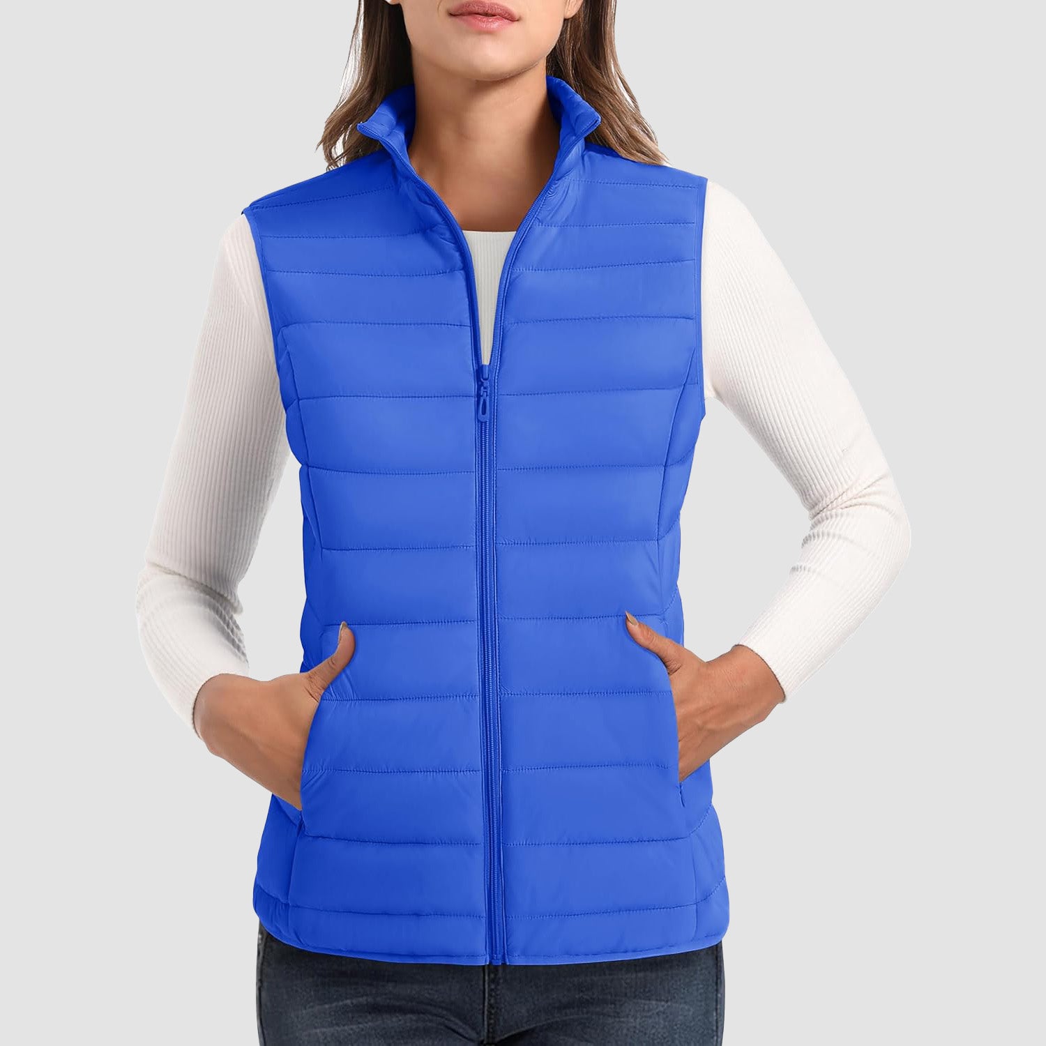 Women's Puffer Vest Lightweight Stand Collar Zip 4 Pockets Puffy Vests Sleeveless Quilted Padded Outerwear - MAGCOMSEN