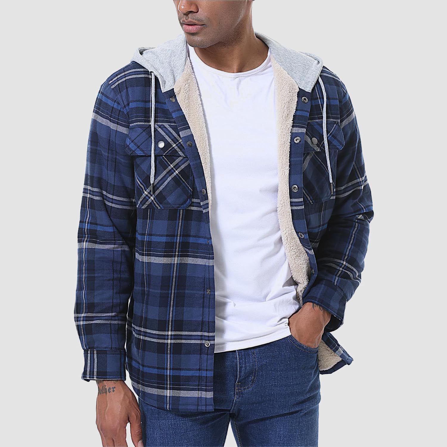 Winter Flannel Hoodies with Sherpa Lining for Men Flannel Plaid Jackets