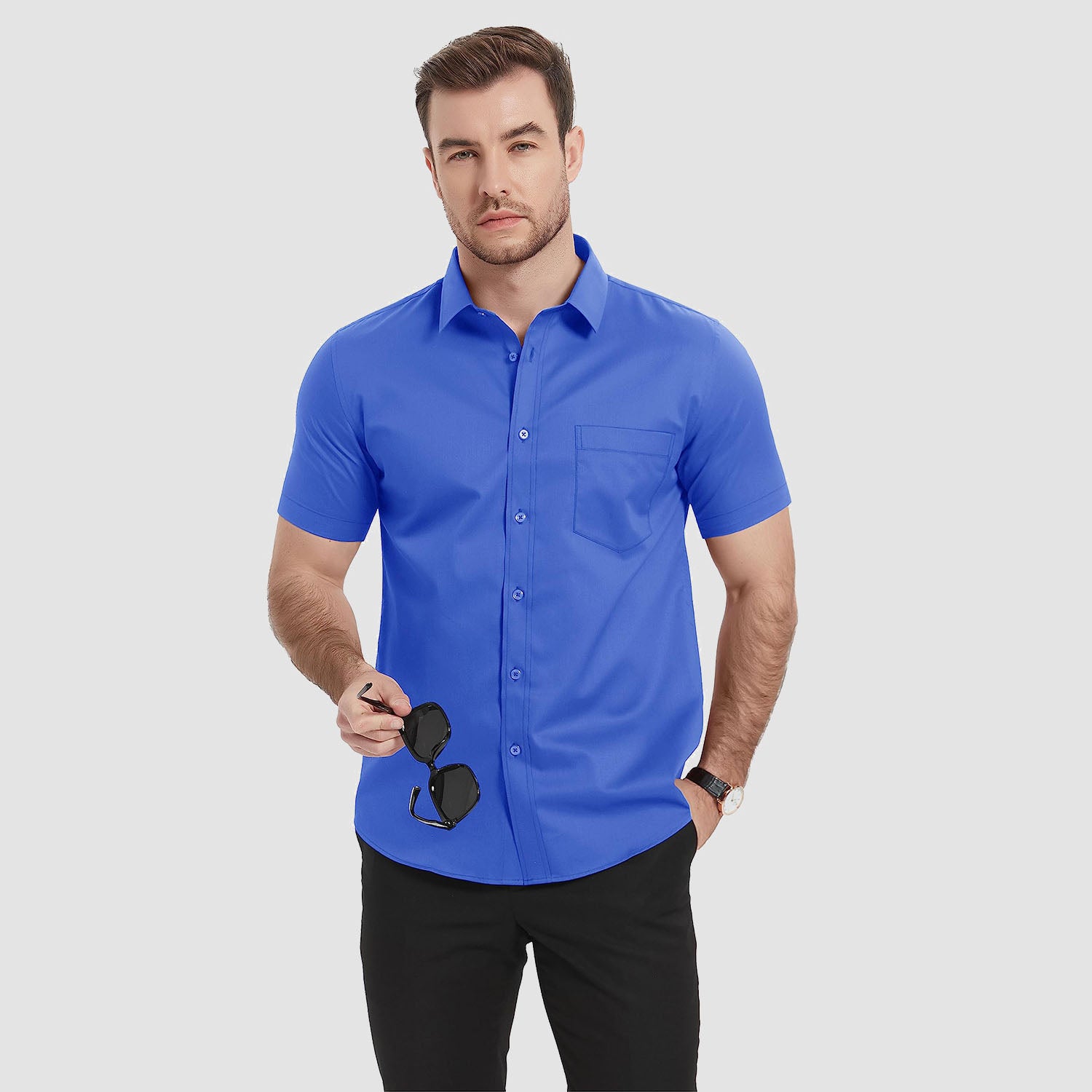 Men's Dress Shirts Short Sleeve with Pocket Cotton Regular Fit Business Shirts