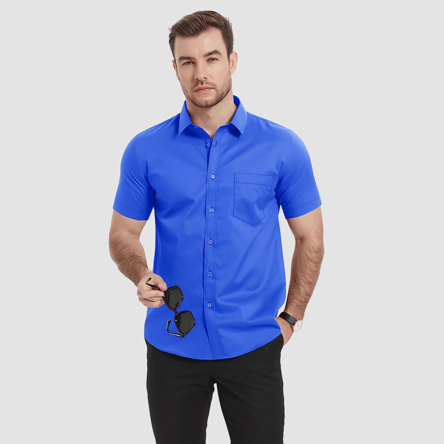 Men's Dress Shirts Short Sleeve with Pocket Cotton Regular Fit Business Shirts