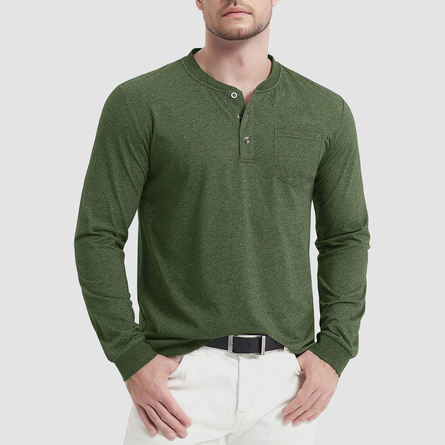 Men's Henley Shirt Cotton Long Sleeve Casual Shirts with Pocket Button Placket