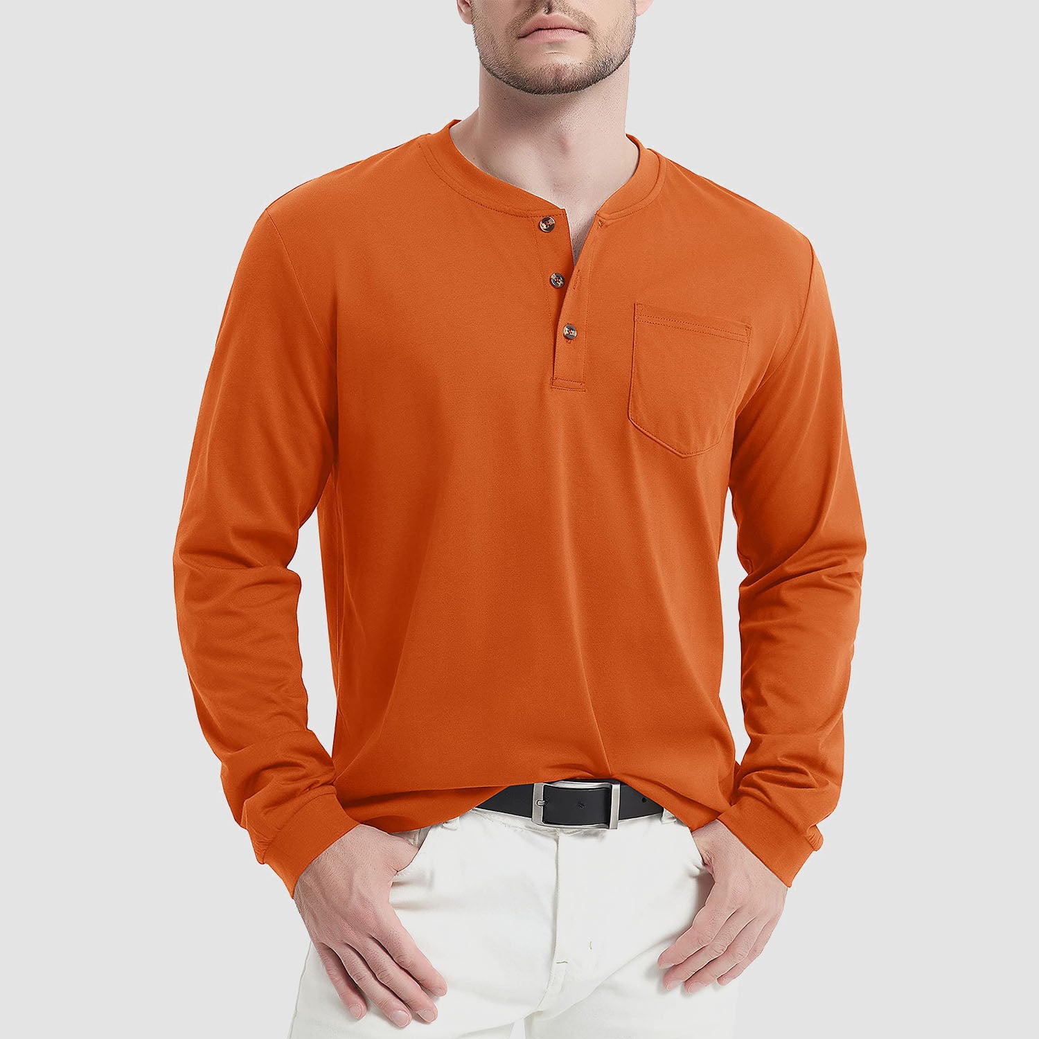 Men's Henley Shirt Cotton Long Sleeve Casual Shirts with Pocket Button Placket