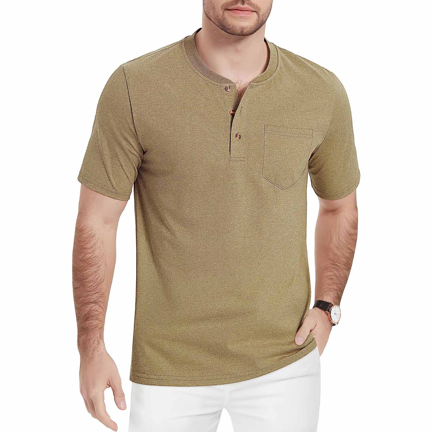 Men's Henley Shirts Short Sleeve Cotton Button Up Pocket Casual Front Placket Regular Fit Summer Daily Shirts