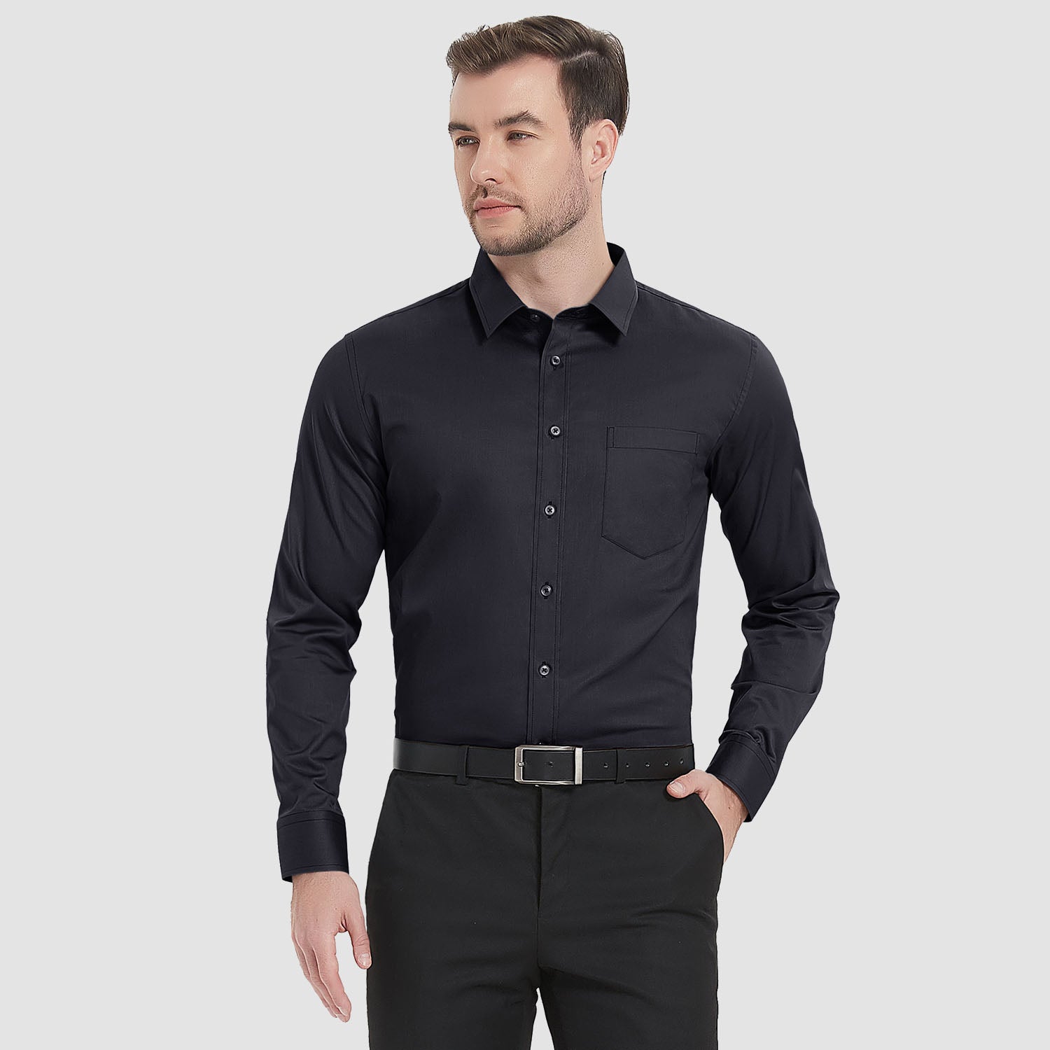 Men's Long Sleeve Dress Shirts with Pocket Cotton Regular Fit Business Shirt