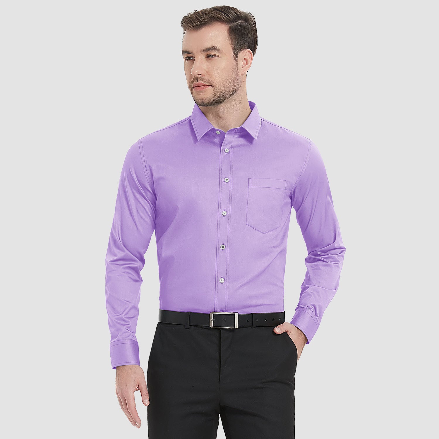 Men's Long Sleeve Dress Shirts with Pocket Cotton Regular Fit Business Shirt