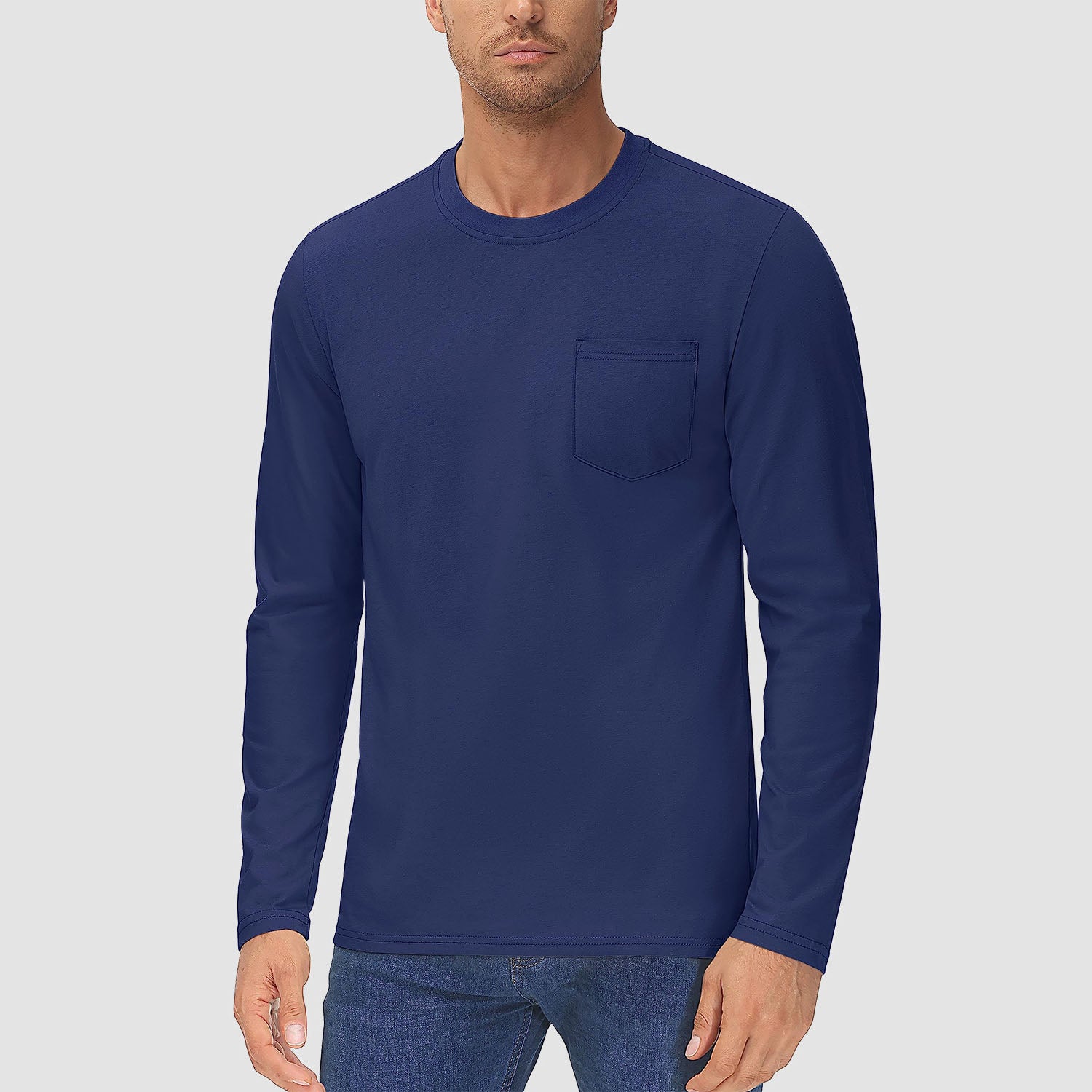 Men's Long Sleeve Shirts with Pocket Cotton Crew Neck Shirts Casual Lightweight T-Shirts