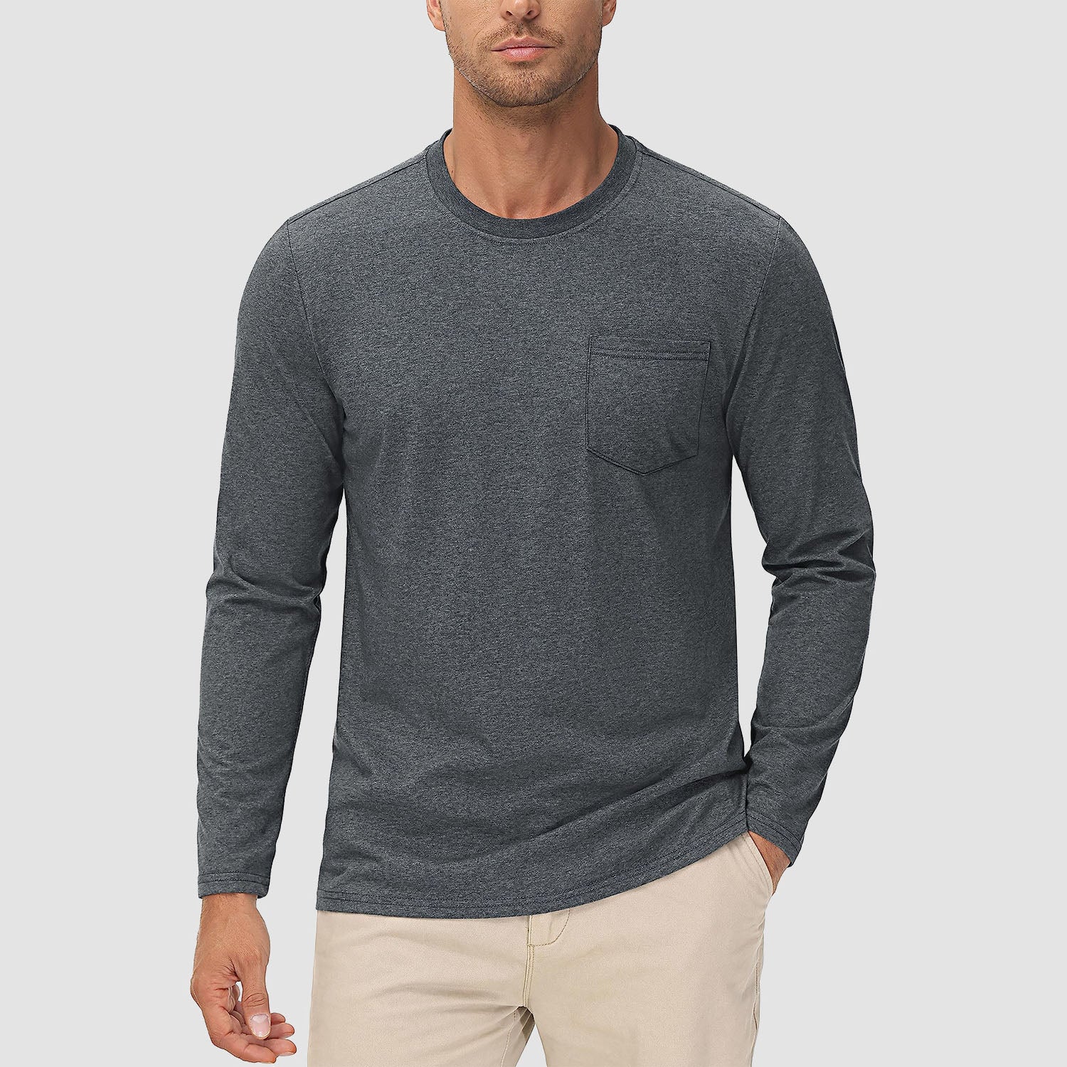 Men's Long Sleeve Shirts with Pocket Cotton Crew Neck Shirts Casual Lightweight T-Shirts