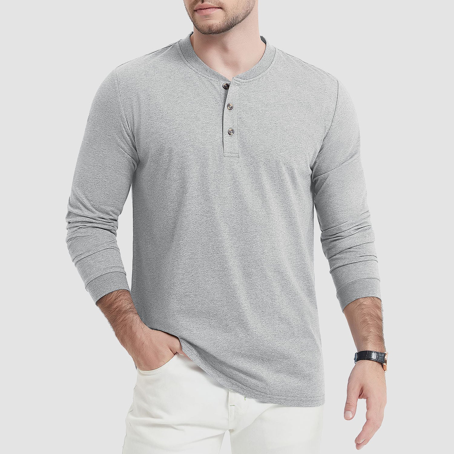Mens Henley Shirts Long Sleeve Cotton Casual T-Shirt Fashion Front Placket Work T-Shirts