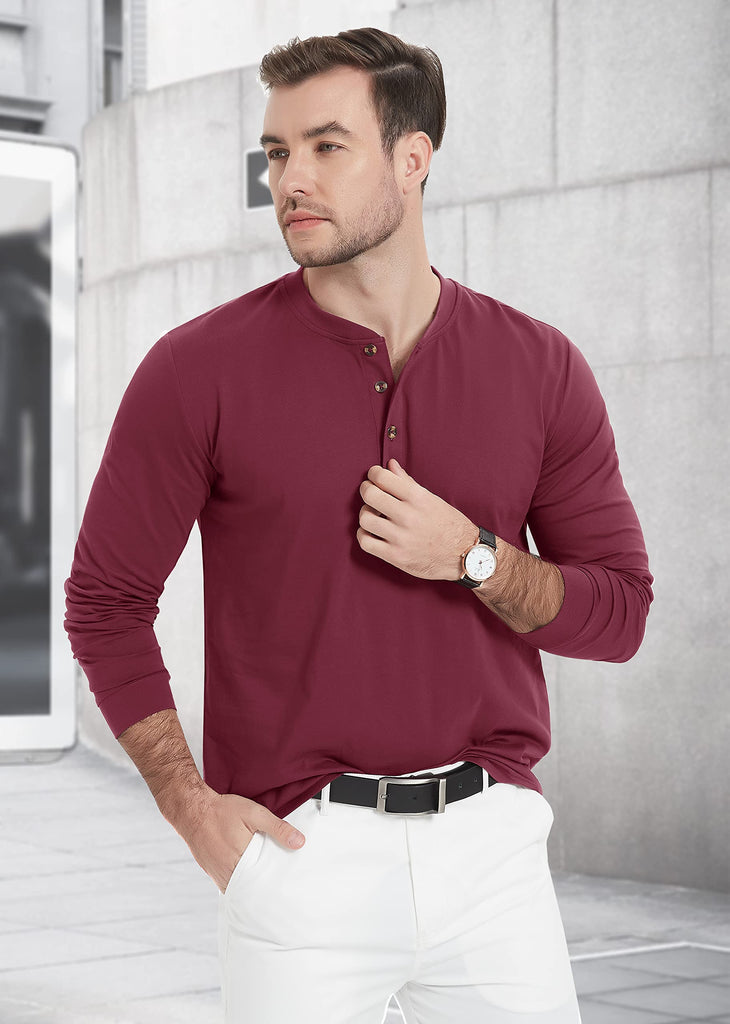 Men's Henley Collar Long Sleeve Cotton T Shirt