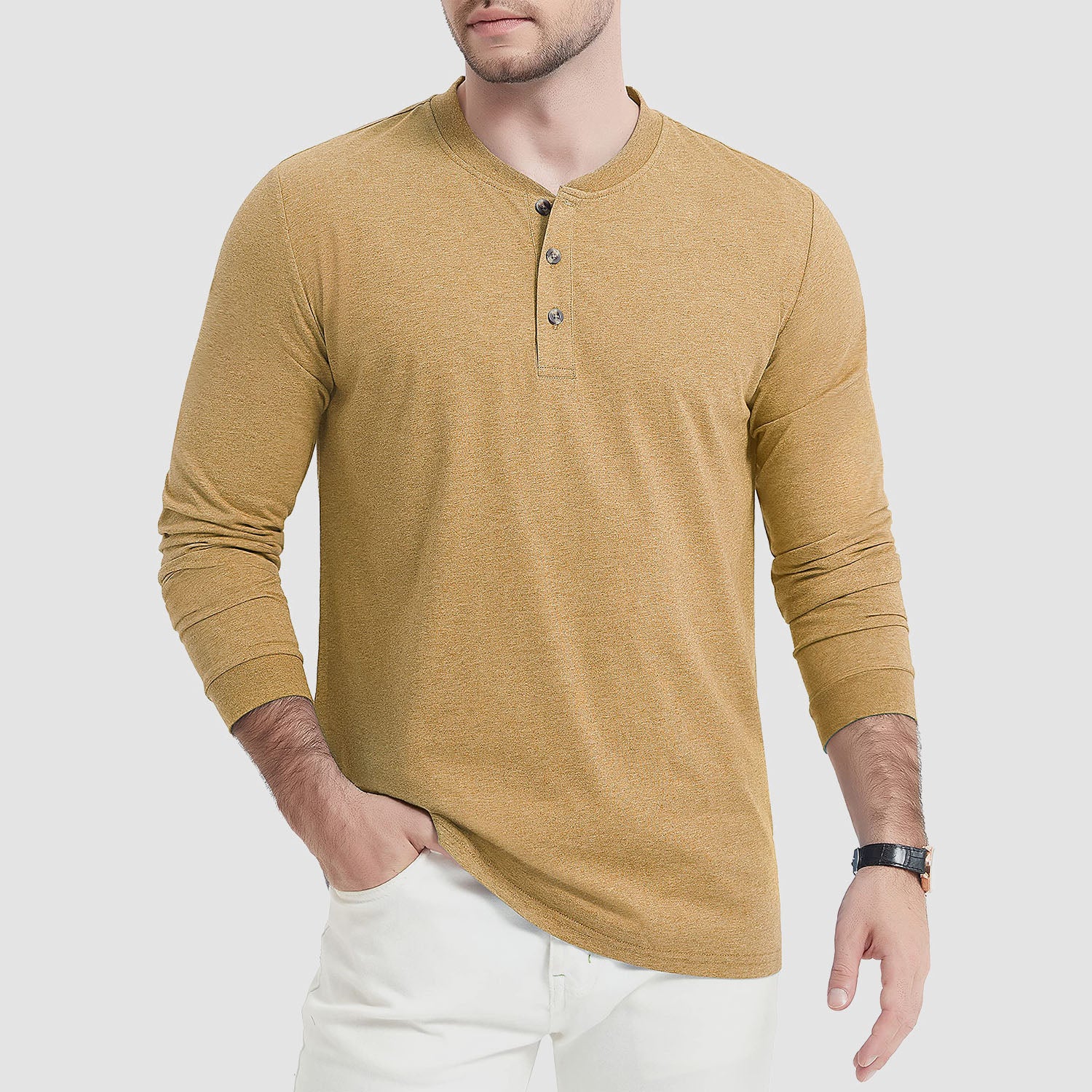 Mens Henley Shirts Long Sleeve Cotton Casual T-Shirt Fashion Front Placket Work T-Shirts