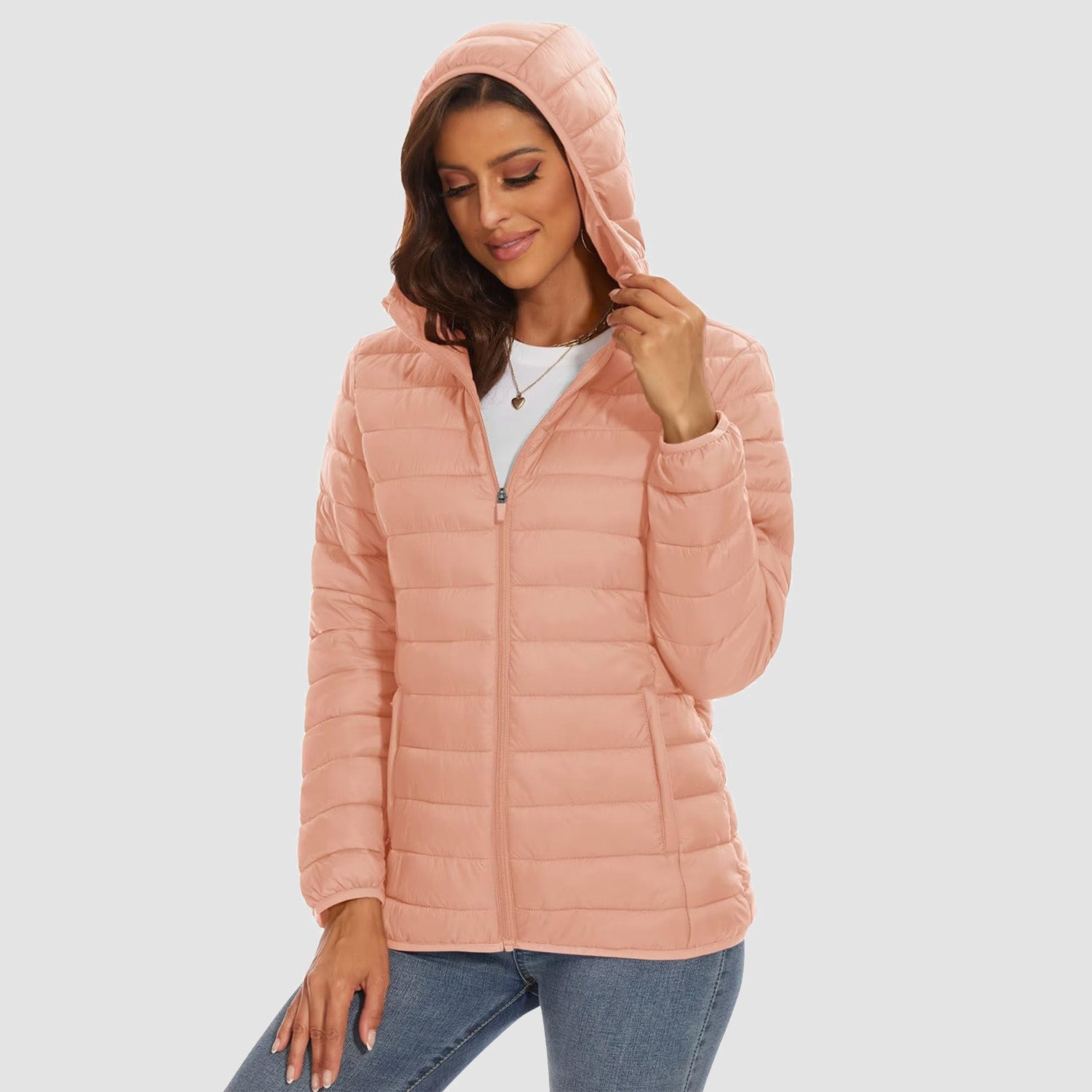 Women's Lightweight Puffer Jacket Hooded Full Zip Quilted Lined Coat for Winter