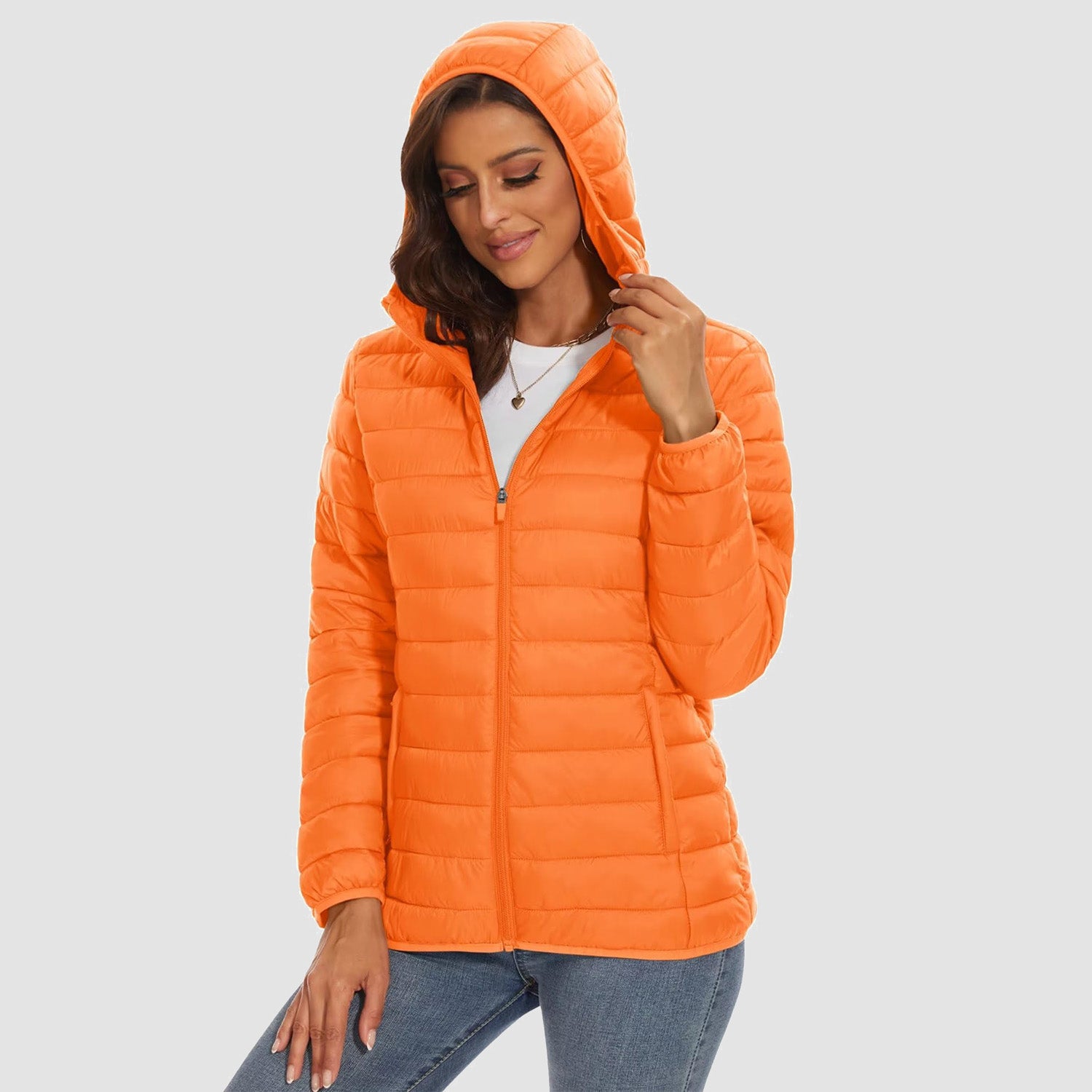 Women's Lightweight Puffer Jacket Hooded Full Zip Quilted Lined Coat for Winter