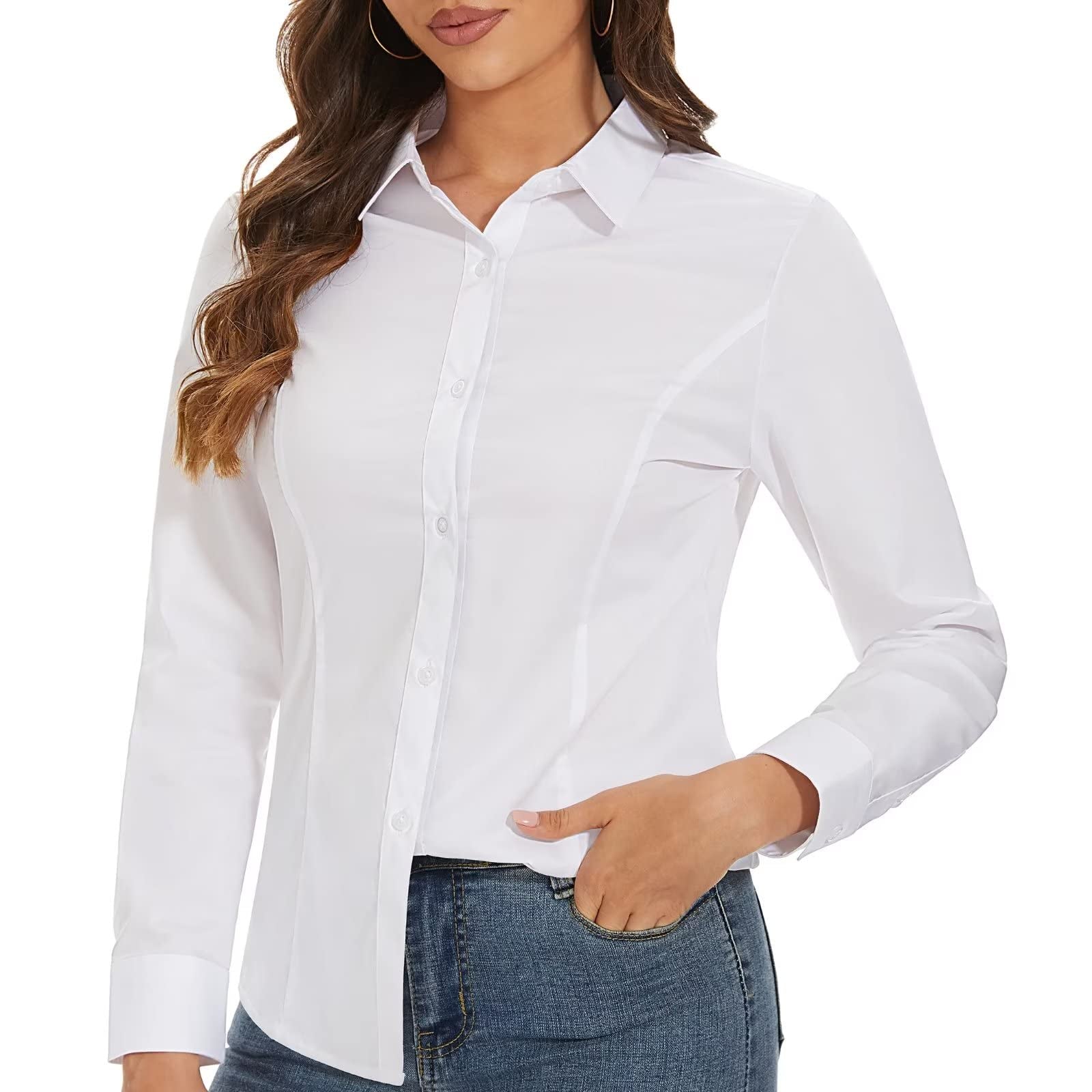 Womens Basic Button Down Shirt Slim Fit Casual Blouse Formal Long-Sleeve Wrinkle-Free Shirt