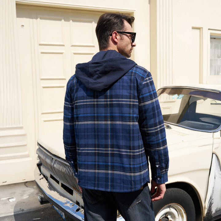 Men's Flannel Jacket with Removable Hood 5 Pockets Quilted Plaid Shirt Jackets Winter Coats Thick Flannel Hoodie - MAGCOMSEN