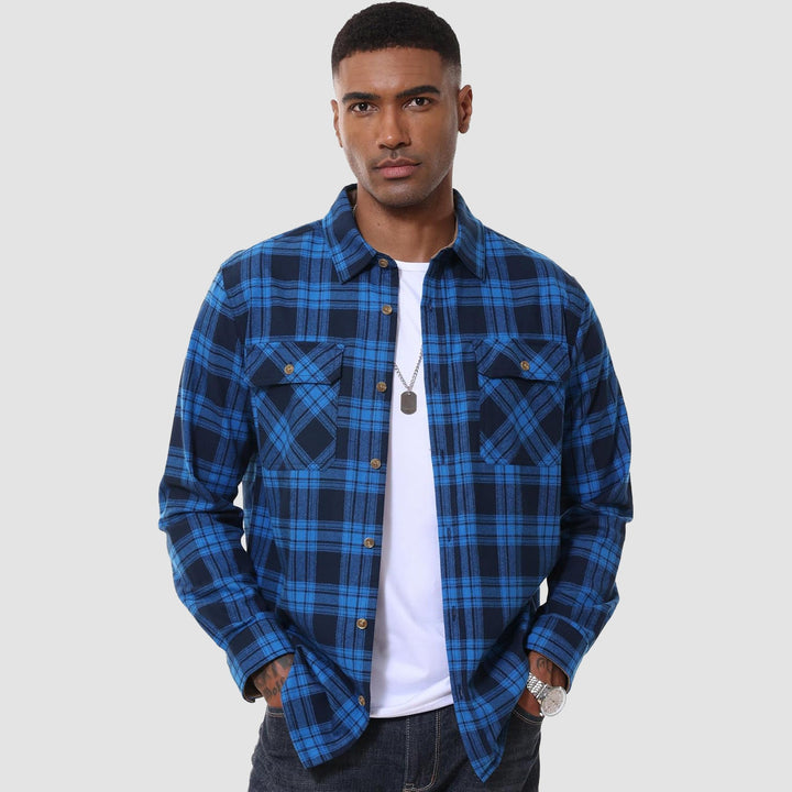 Men's Flannel Shirts Long Sleeve Plaid Shirt Button Up Casual Shirts Lightweight Shirt Jacket with 2 Pockets - MAGCOMSEN