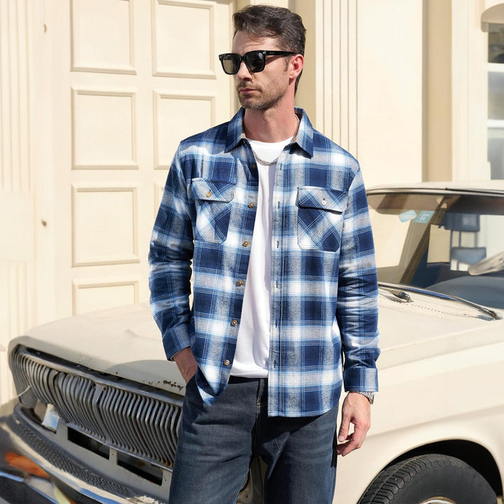 Men's Flannel Shirts Long Sleeve Plaid Shirt Button Up Casual Shirts Lightweight Shirt Jacket with 2 Pockets - MAGCOMSEN