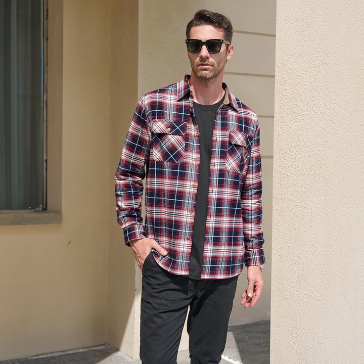 Men's Flannel Shirts Long Sleeve Plaid Shirt Button Up Casual Shirts Lightweight Shirt Jacket with 2 Pockets - MAGCOMSEN