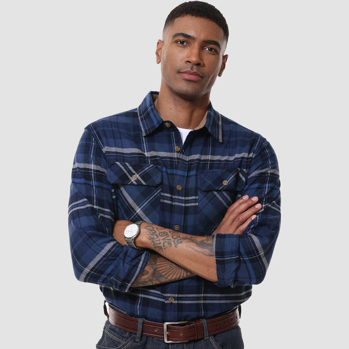 Men's Flannel Shirts Long Sleeve Plaid Shirt Button Up Casual Shirts Lightweight Shirt Jacket with 2 Pockets - MAGCOMSEN