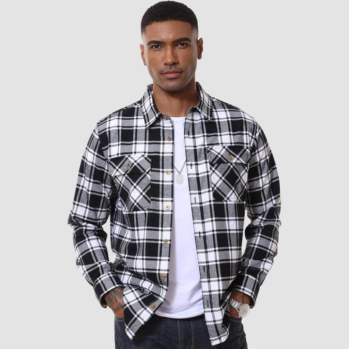 Men's Flannel Shirts Long Sleeve Plaid Shirt Button Up Casual Shirts Lightweight Shirt Jacket with 2 Pockets - MAGCOMSEN