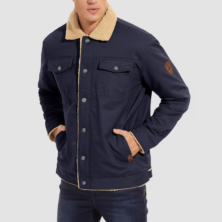 Men's Lined Sherpa Jacket - Warm Multi Pocket Trucker Coat - MAGCOMSEN