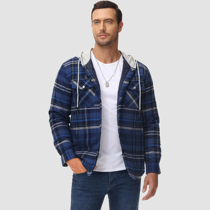 Men's Quilted Flannel Jacket with Hood - Warm Cotton Button Down for Cold Weather Casual Style - MAGCOMSEN