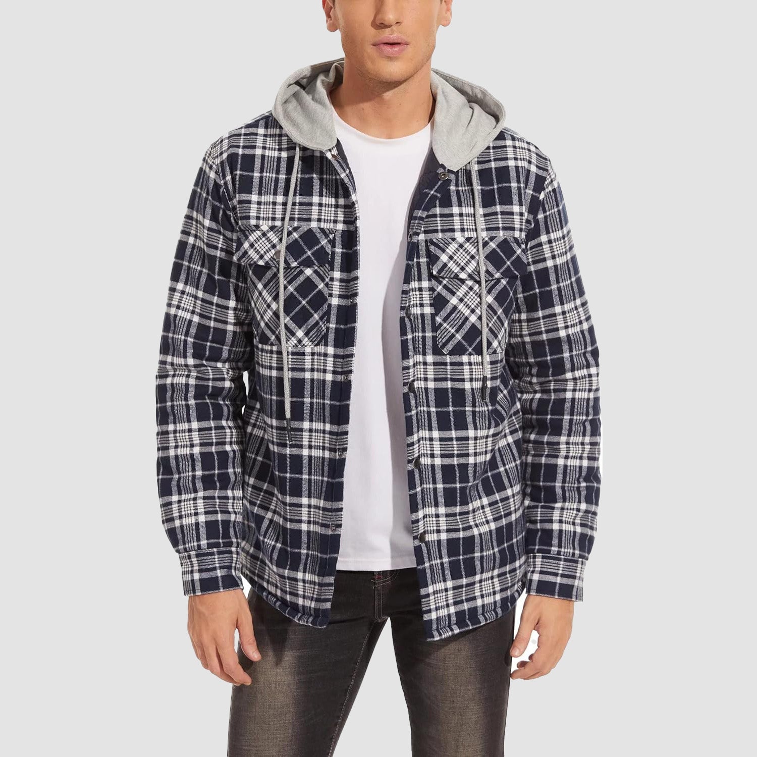 Men's Quilted Flannel Jacket with Hood - Warm Cotton Button Down for Cold Weather Casual Style - MAGCOMSEN