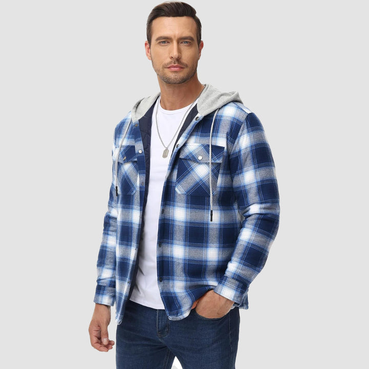 Men's Quilted Flannel Jacket with Hood - Warm Cotton Button Down for Cold Weather Casual Style - MAGCOMSEN