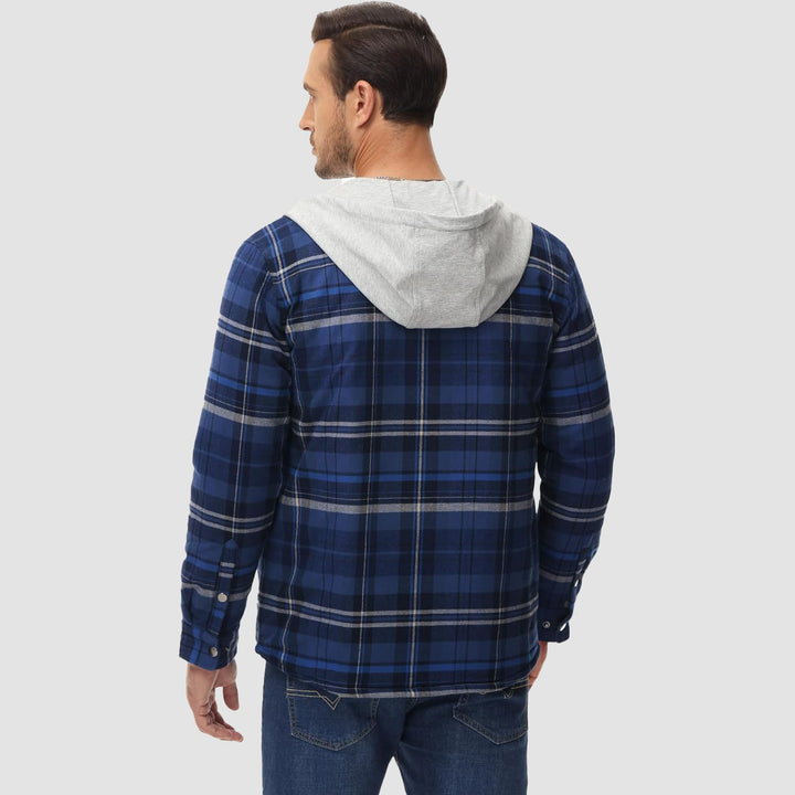 Men's Quilted Flannel Jacket with Hood - Warm Cotton Button Down for Cold Weather Casual Style - MAGCOMSEN