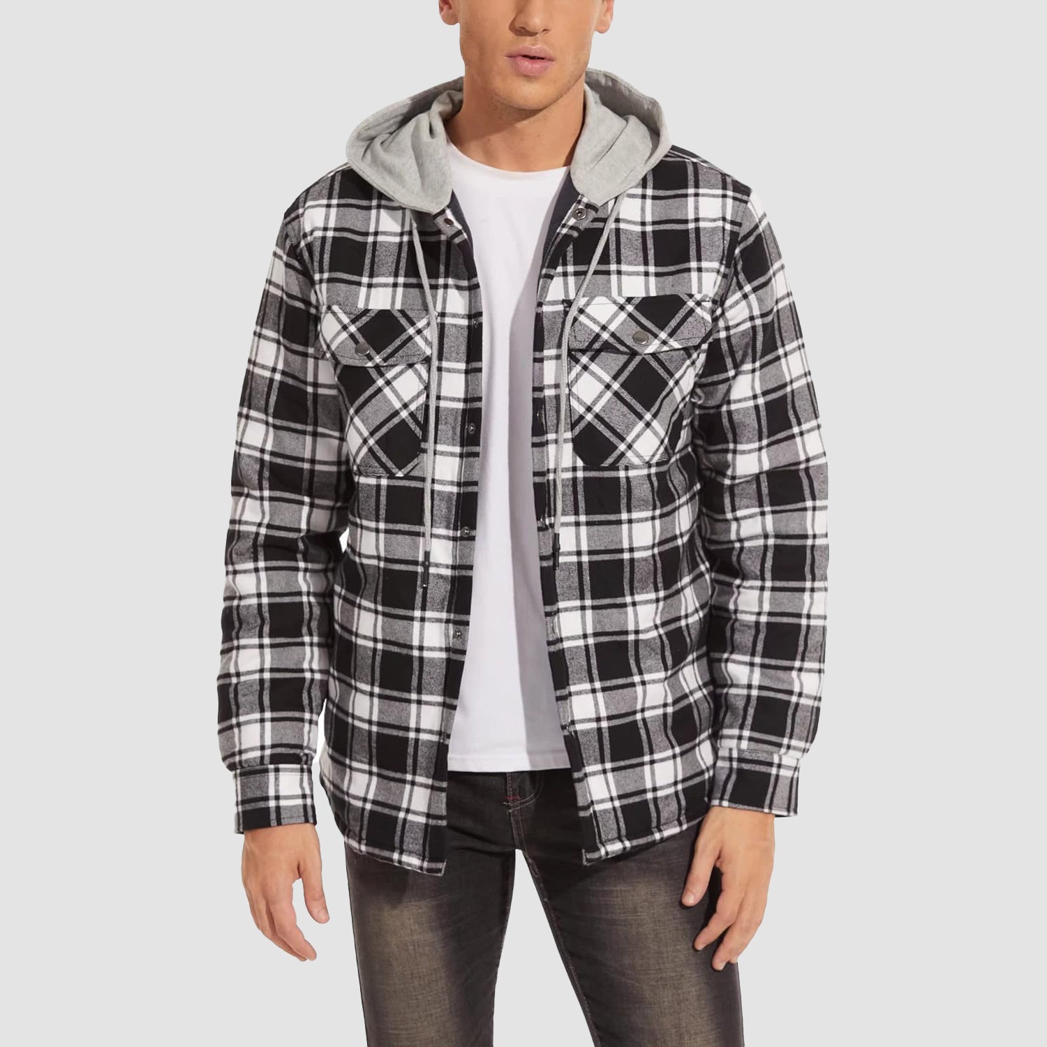 Men's Quilted Flannel Jacket with Hood - Warm Cotton Button Down for Cold Weather Casual Style - MAGCOMSEN