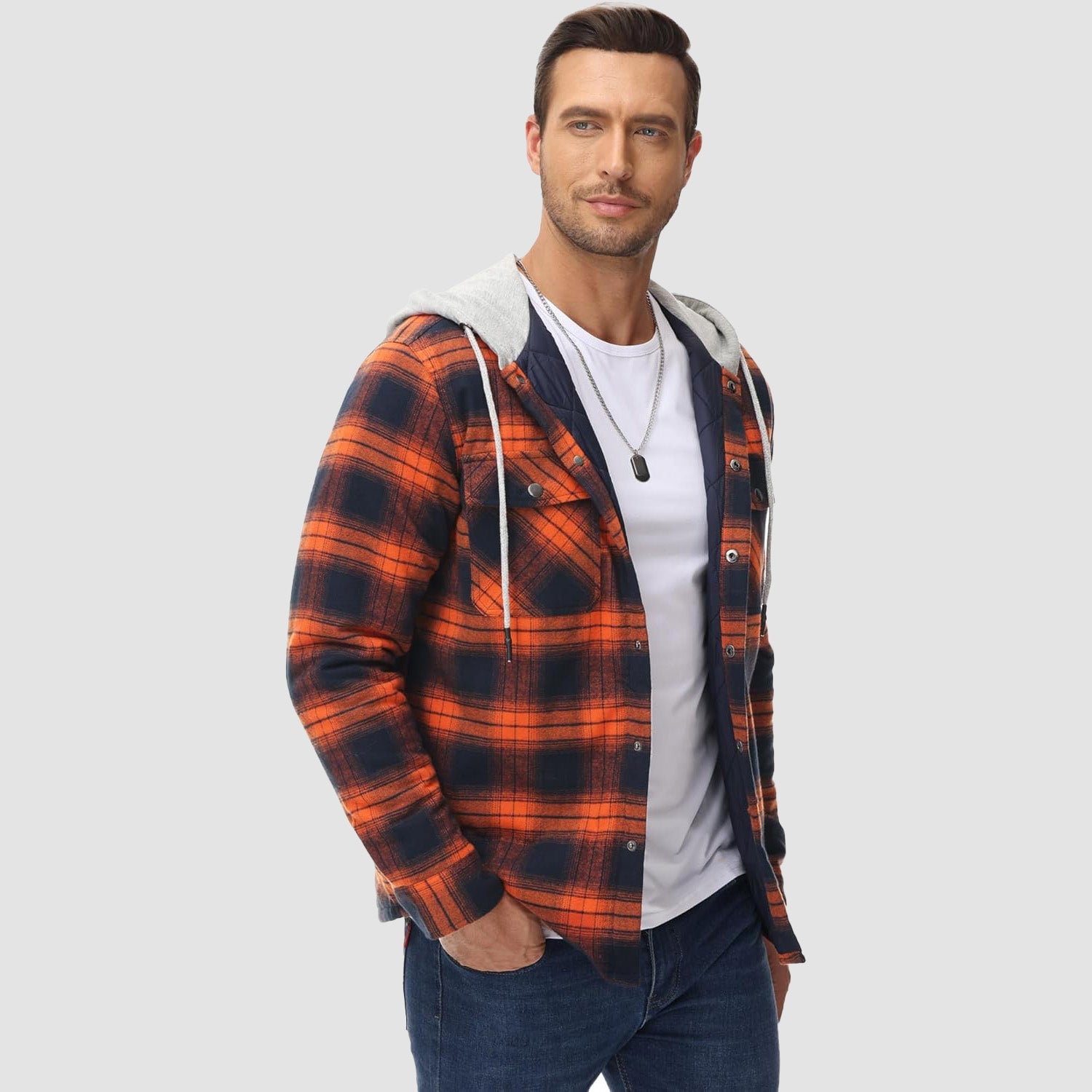 Men's Quilted Flannel Jacket with Hood - Warm Cotton Button Down for Cold Weather Casual Style - MAGCOMSEN