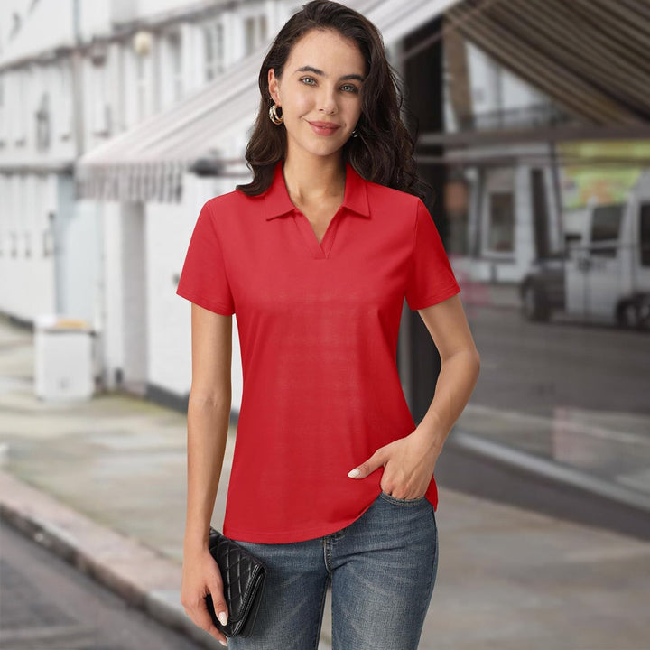 Women's Cotton V - Neck Polo Shirt | Short Sleeve Casual Golf & Work Tee - MAGCOMSEN