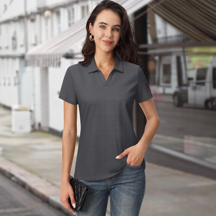 Women's Cotton V - Neck Polo Shirt | Short Sleeve Casual Golf & Work Tee - MAGCOMSEN