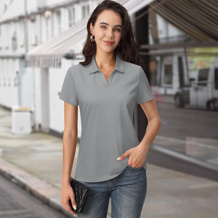 Women's Cotton V - Neck Polo Shirt | Short Sleeve Casual Golf & Work Tee - MAGCOMSEN