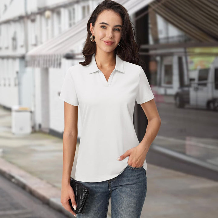 Women's Cotton V - Neck Polo Shirt | Short Sleeve Casual Golf & Work Tee - MAGCOMSEN