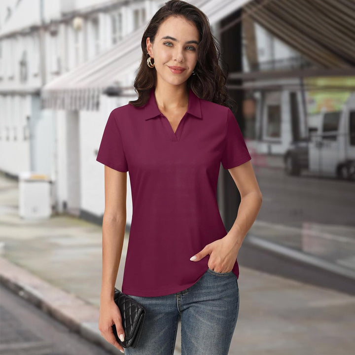 Women's Cotton V - Neck Polo Shirt | Short Sleeve Casual Golf & Work Tee - MAGCOMSEN