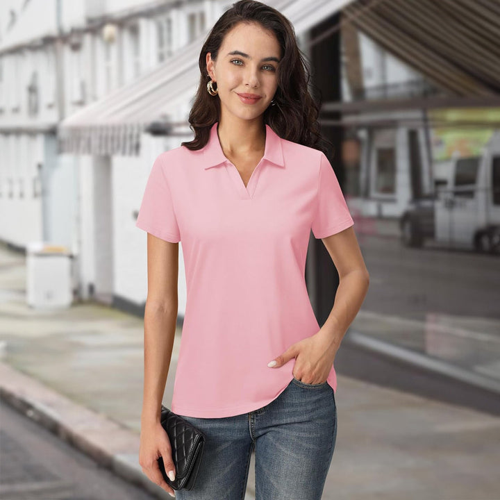 Women's Cotton V - Neck Polo Shirt | Short Sleeve Casual Golf & Work Tee - MAGCOMSEN