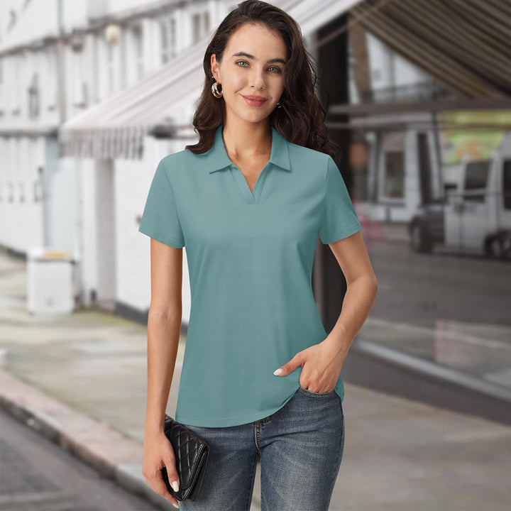 Women's Cotton V - Neck Polo Shirt | Short Sleeve Casual Golf & Work Tee - MAGCOMSEN