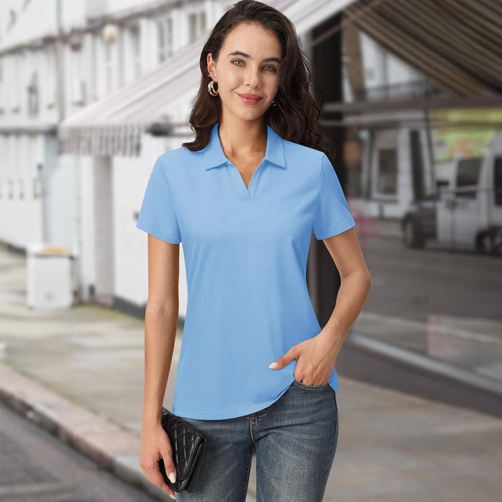 Women's Cotton V - Neck Polo Shirt | Short Sleeve Casual Golf & Work Tee - MAGCOMSEN