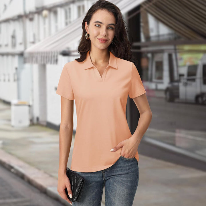 Women's Cotton V - Neck Polo Shirt | Short Sleeve Casual Golf & Work Tee - MAGCOMSEN