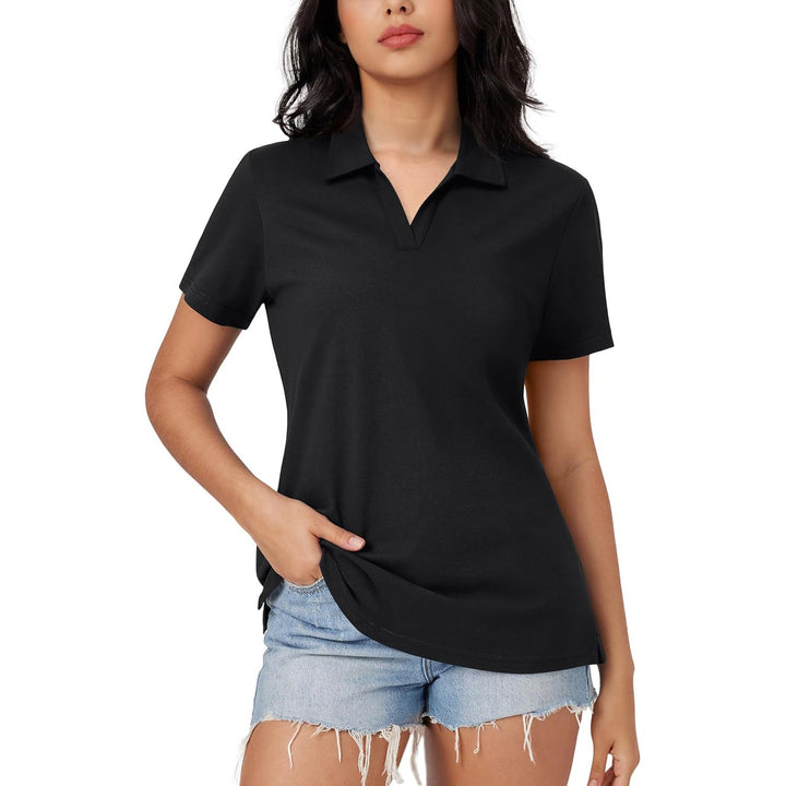 Women's Cotton V - Neck Polo Shirt | Short Sleeve Casual Golf & Work Tee - MAGCOMSEN