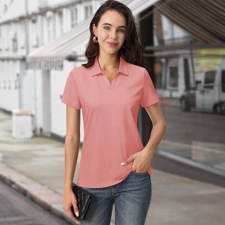 Women's Cotton V - Neck Polo Shirt | Short Sleeve Casual Golf & Work Tee - MAGCOMSEN