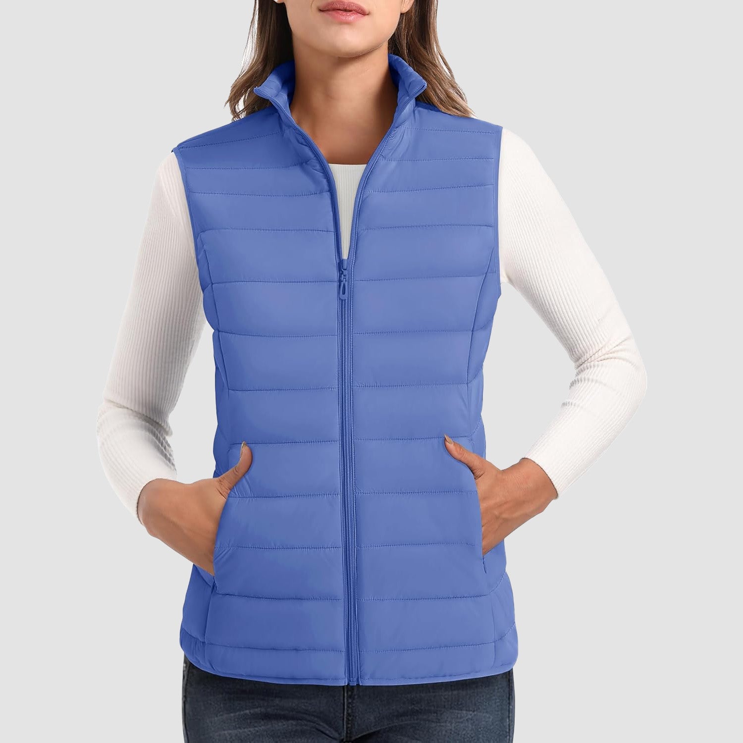 Women's Puffer Vest Lightweight Stand Collar Zip 4 Pockets Puffy Vests Sleeveless Quilted Padded Outerwear - MAGCOMSEN