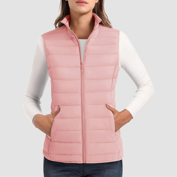 Women's Puffer Vest Lightweight Stand Collar Zip 4 Pockets Puffy Vests Sleeveless Quilted Padded Outerwear - MAGCOMSEN