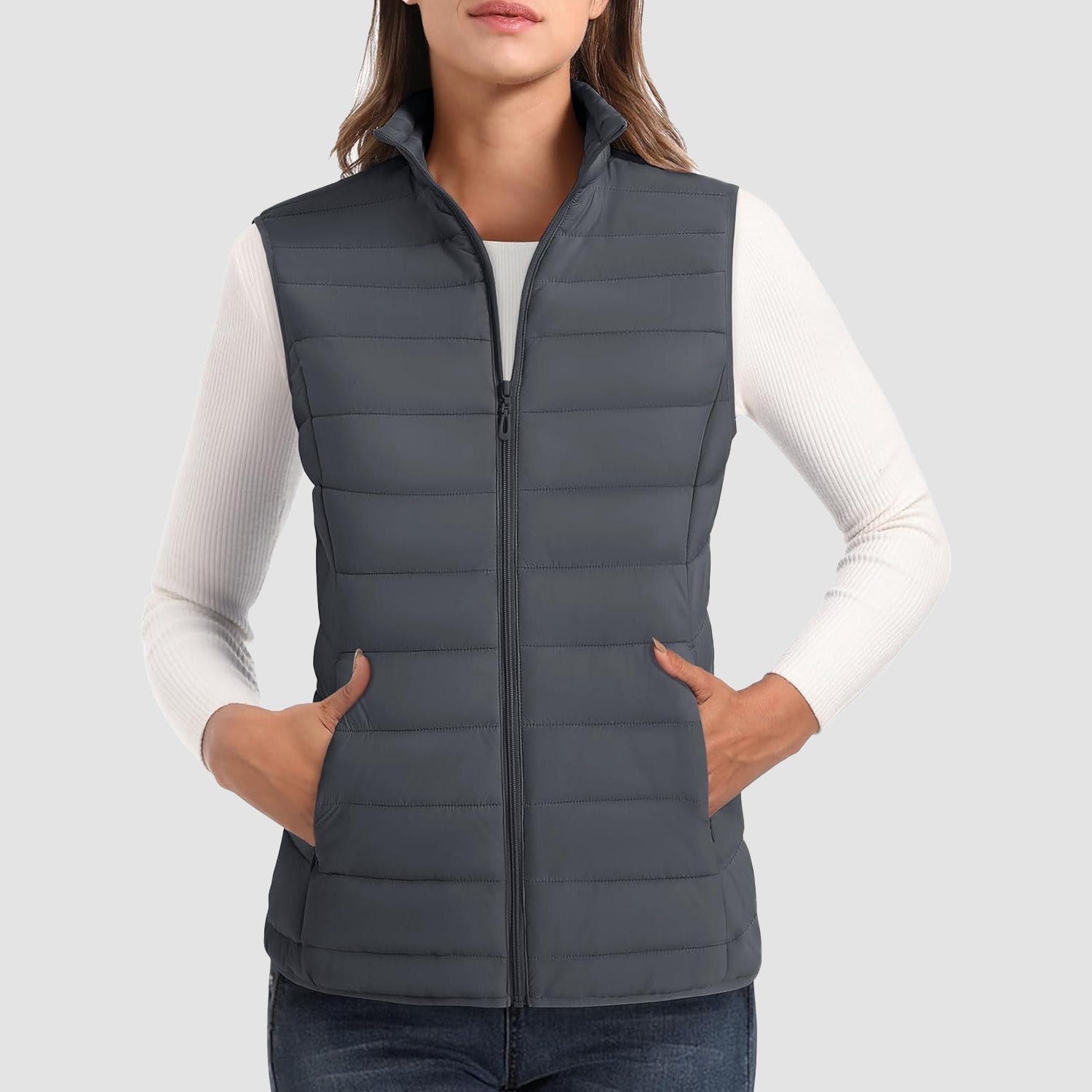 Women's Puffer Vest Lightweight Stand Collar Zip 4 Pockets Puffy Vests Sleeveless Quilted Padded Outerwear - MAGCOMSEN